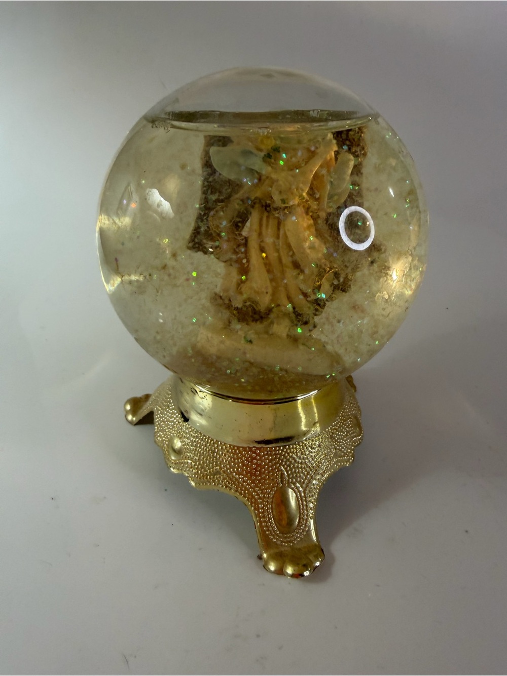 Vintage Eleco Gold Snow Globe with Angel playing Lute with Glitter
